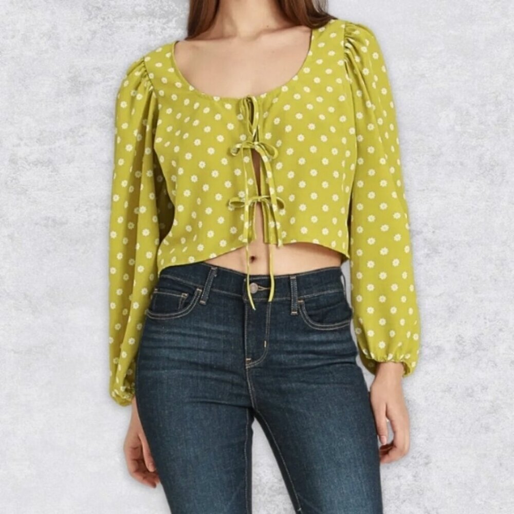 LEVI’S NWT Tie-Front Blouse Daisy Print Long Sleeve Cropped Fit Vibrant Green XL